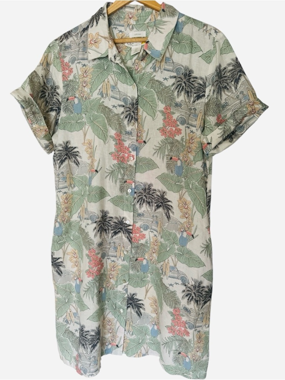C&C California 100% Linen Tropical Surfer Print Shirt in Green, Cream/ SZ M